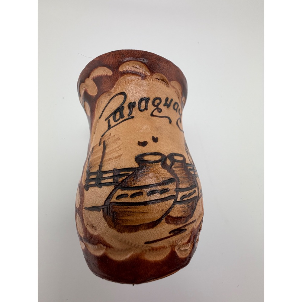 Paraguay Hand Tooled Leather Wrapped Aluminum Mate Cup Souvenir Folk Art 4"